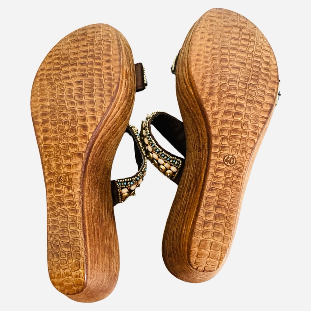 Italian Shoemakers Sandals 9 Beaded Faux Wood Boho Slides - Picture 6 of 7